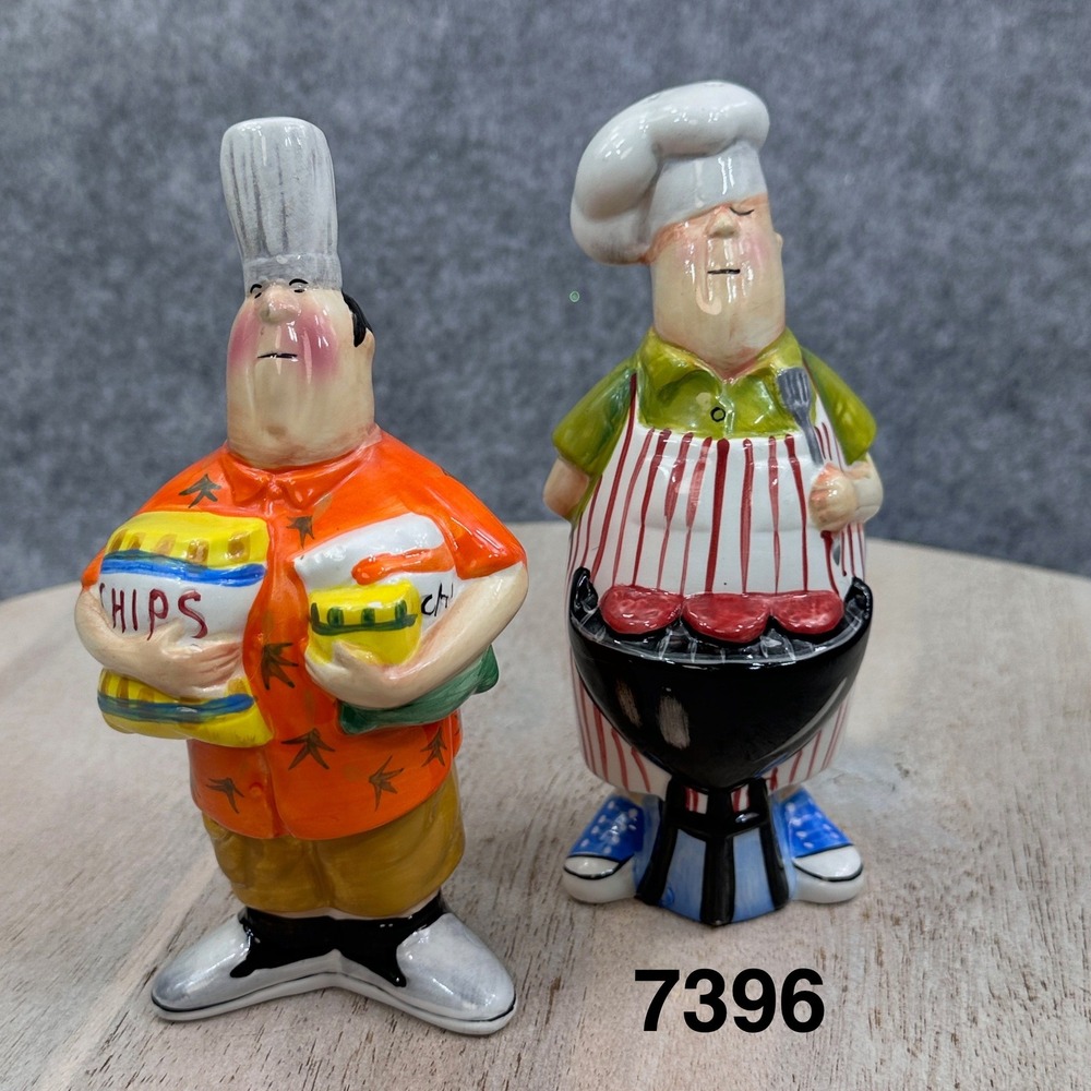 Vibrant BBQ Chef Salt and Pepper Shakers Set 7 Inch Ceramic Grill Master Kitschy